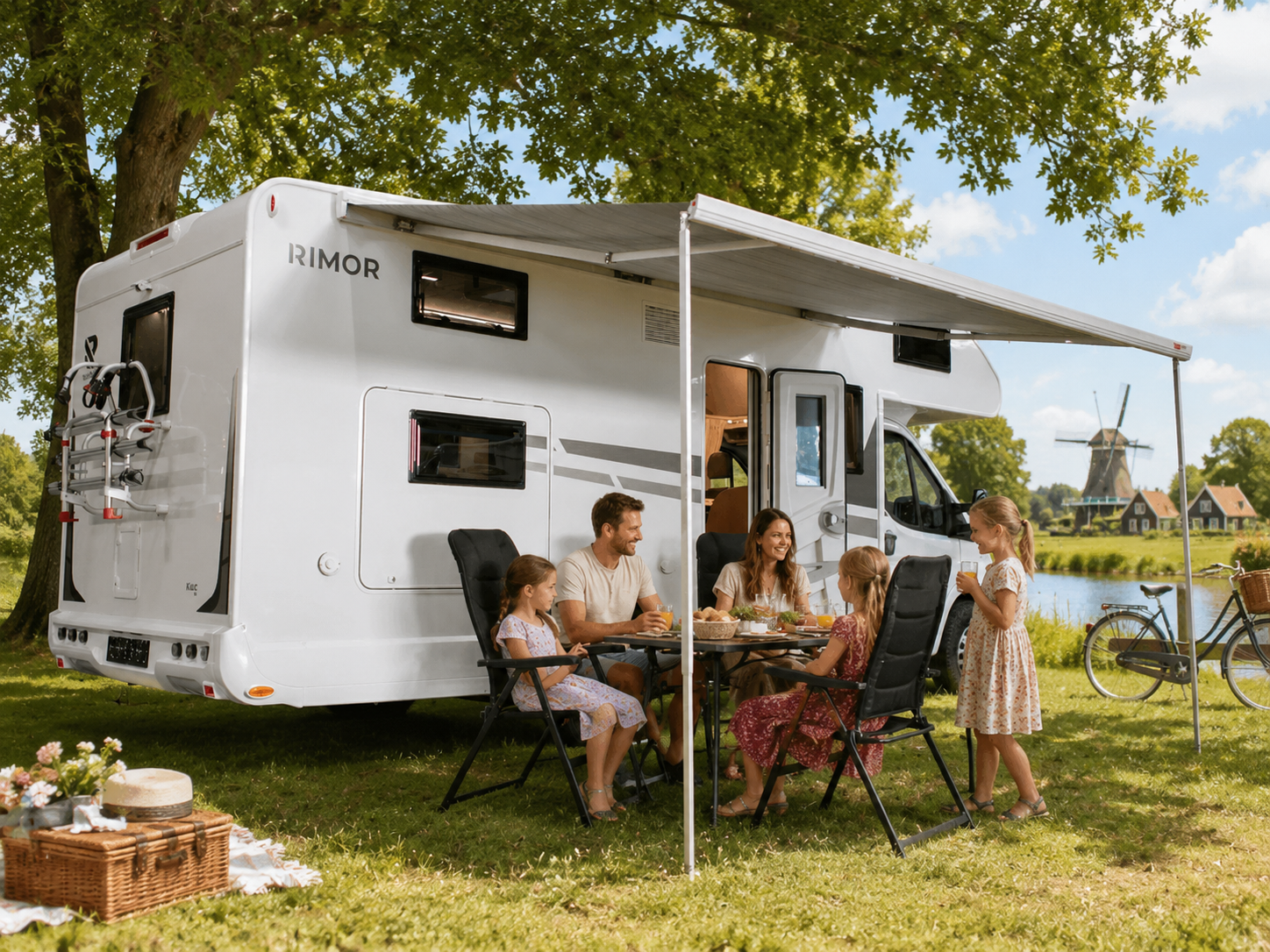 Gezin onder de luifel bij de camper aan het water
